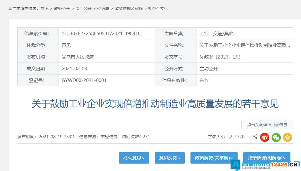 金華市義烏市高新技術(shù)企業(yè)獎勵政策：關(guān)于鼓勵工業(yè)企業(yè)實現(xiàn)倍增推動制造業(yè)高質(zhì)量發(fā)展的若干意見