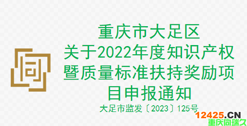 重慶市大足區(qū)關(guān)于2022年度知識產(chǎn)權(quán)暨質(zhì)量標(biāo)準(zhǔn)扶持獎勵項目申報通知(圖1)